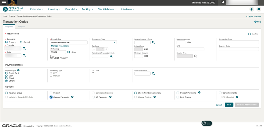 This image shows the Transaction Codes page.