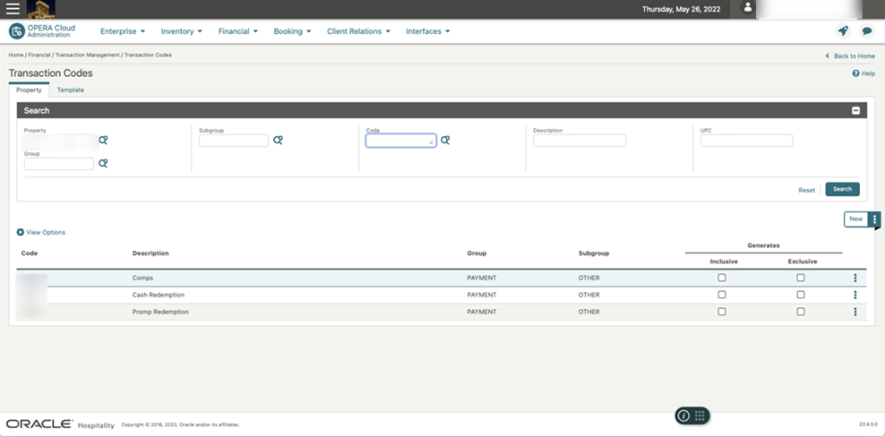 This image shows the Transaction codes that have been created.