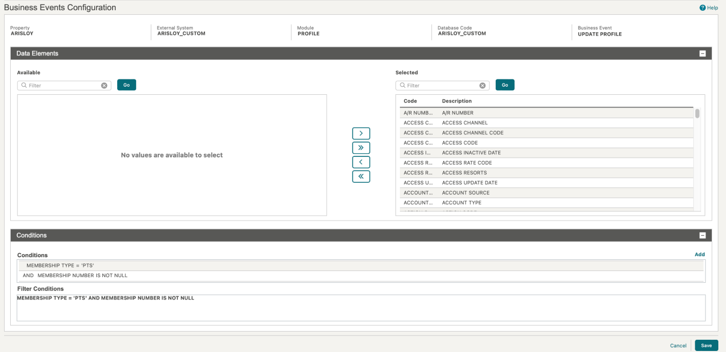 This image shows the Business Events Configuration screen for business event UPDATE PROFILE.