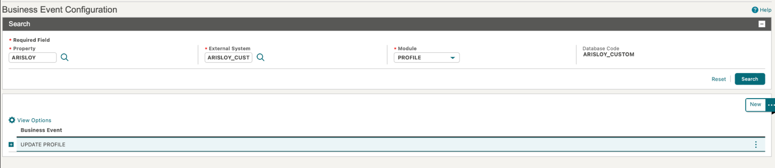 This image shows the Business Events Configuration Search screen.