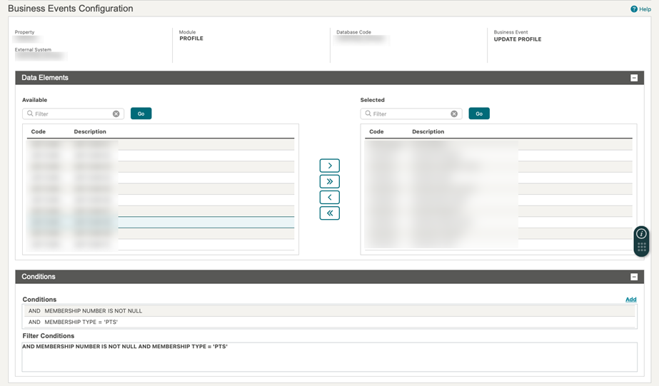 This image shows the Business Events Configuration screen for business event UPDATE PROFILE.