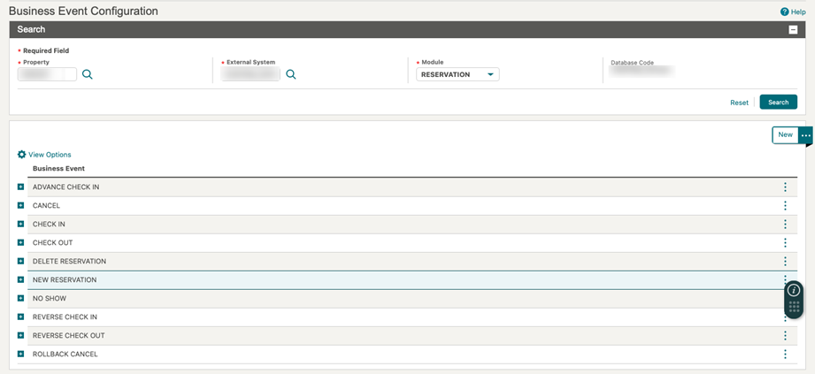 This image shows the Business Events Configuration screen with the list of business events for the Reservation module.