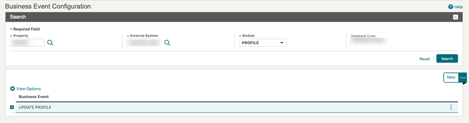 This image shows the Business Events Configuration Search screen.
