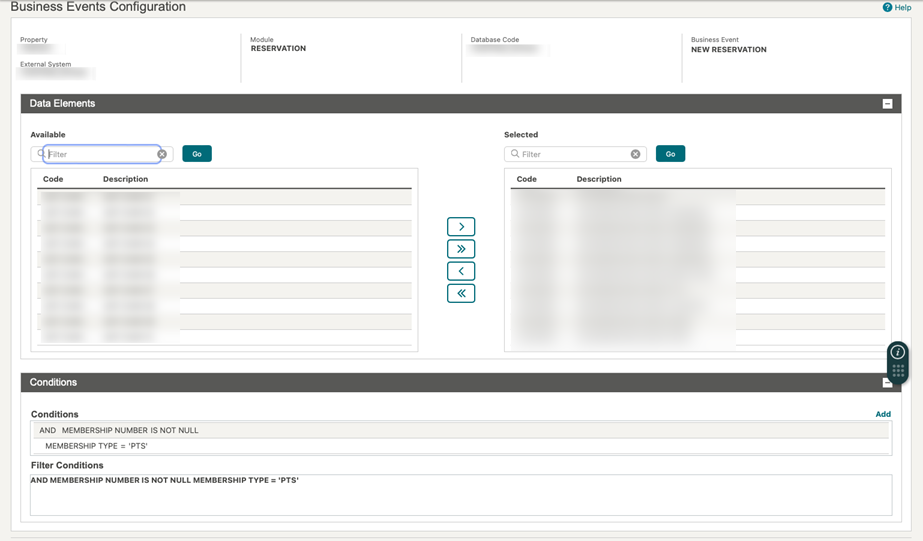 This image shows the Business Events Configuration screen for Business Event NEW RESERVATION.