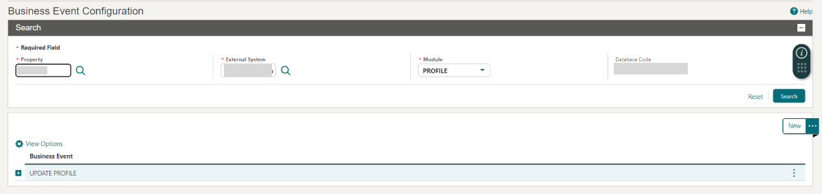 This image shows the Business Events Configuration Search screen.