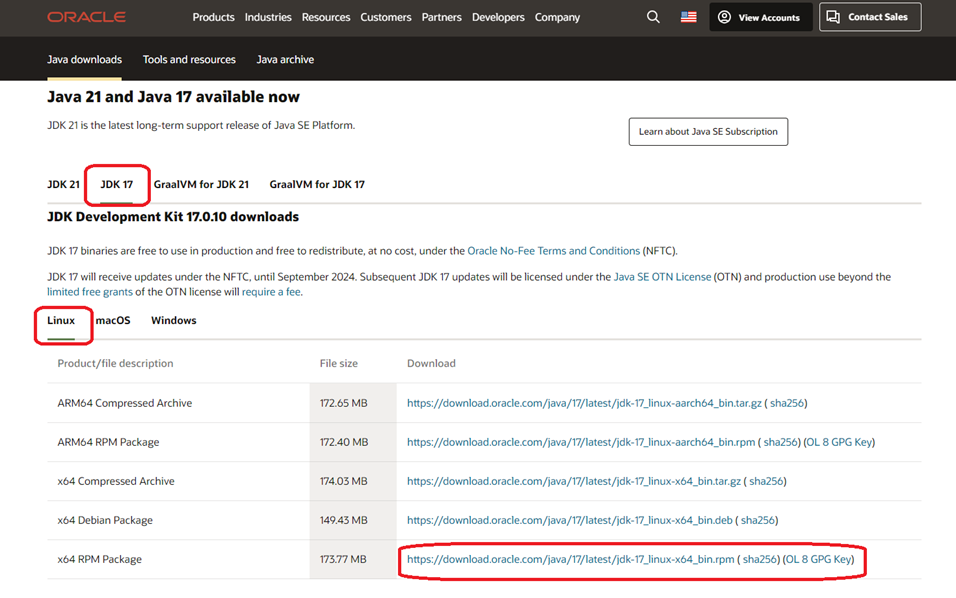 This image shows the download page for the JDK17 for Linux.