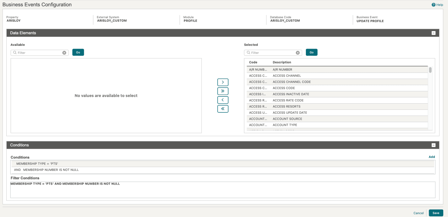 This image shows the Business Events Configuration screen for business event UPDATE PROFILE.