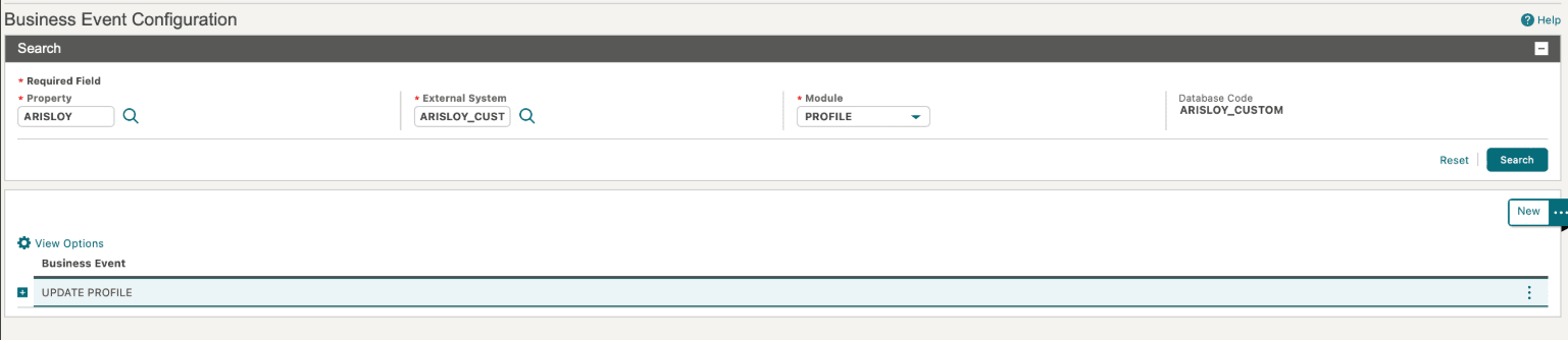 This image shows the Business Events Configuration Search screen.