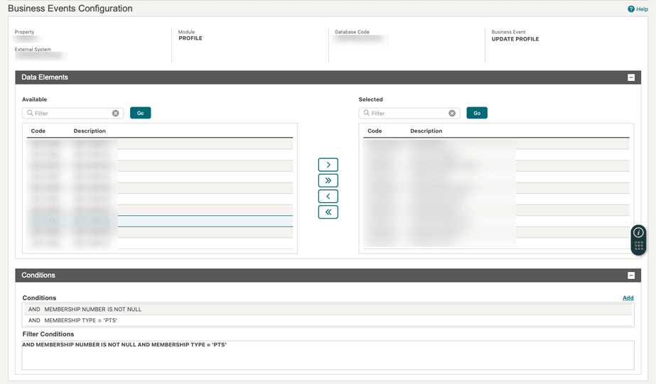 This image shows the Business Events Configuration screen for business event UPDATE PROFILE.