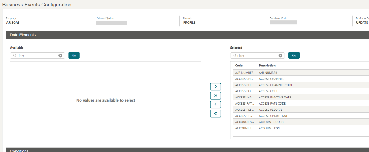 This image shows the Business Events Configuration screen for business event UPDATE PROFILE.
