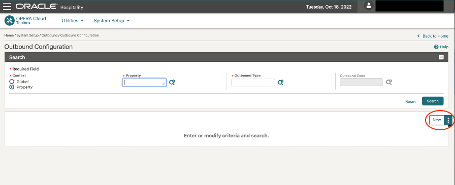 This image shows the Property search on the Outbound Configuration page.