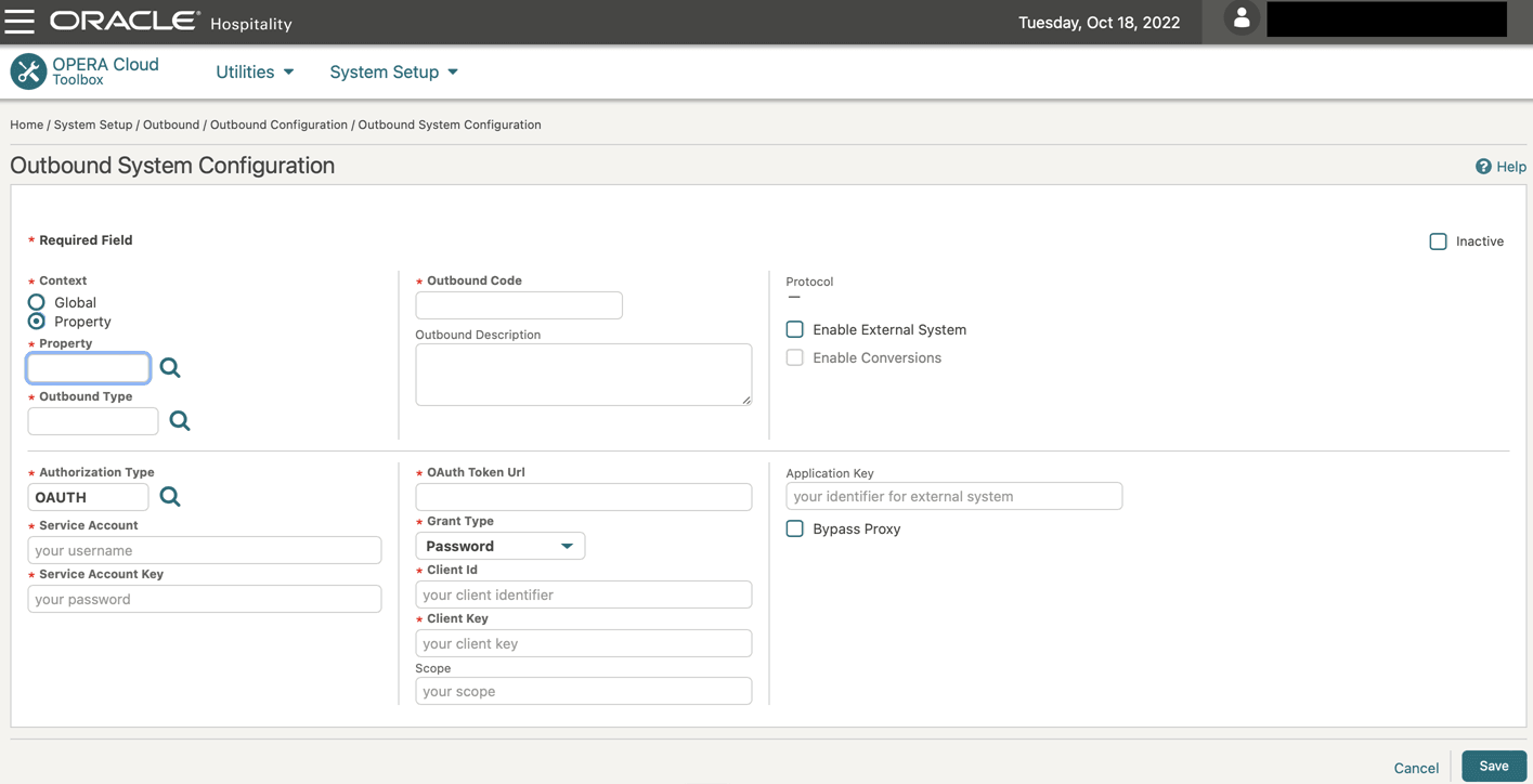 This image shows the configuration fields on the Outbound Configuration screen.