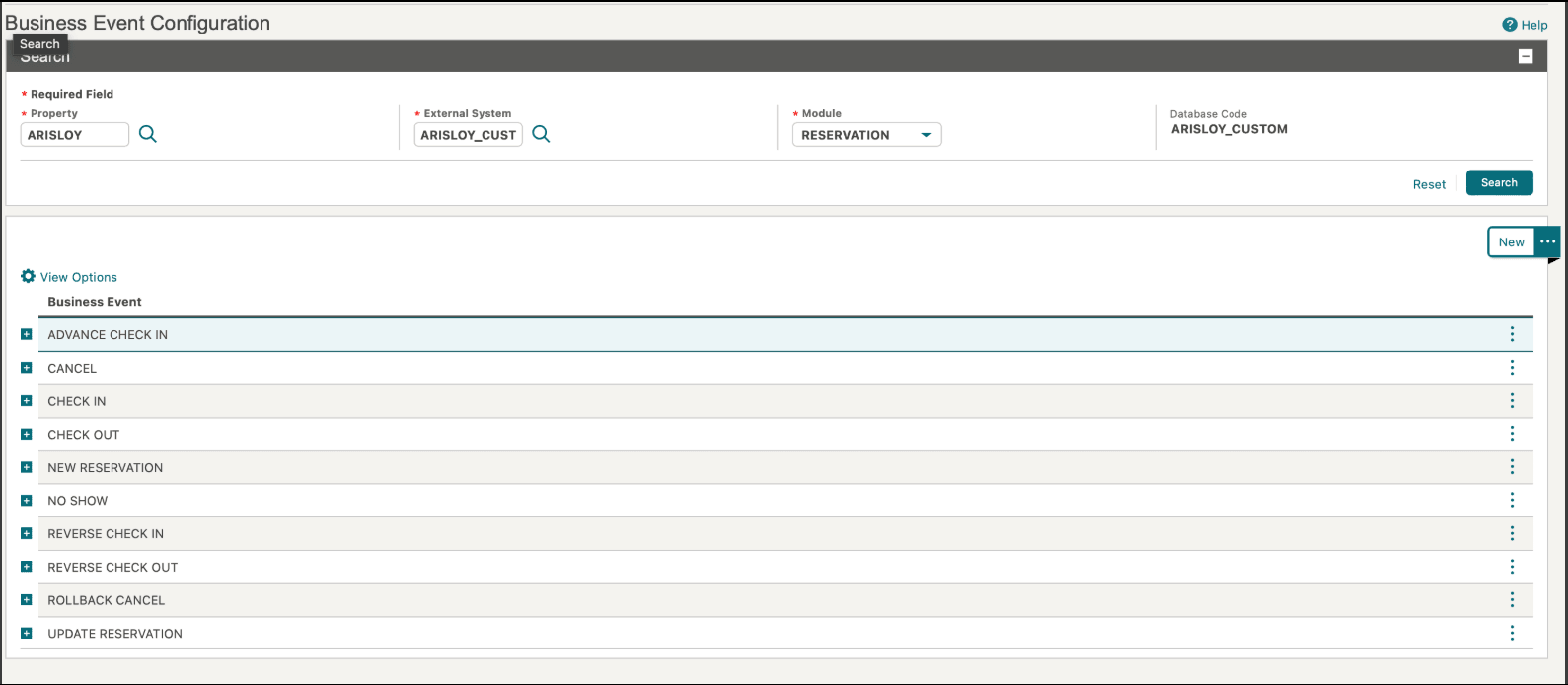 This image shows the Business Events Reservation module screen.