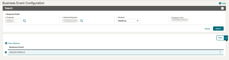 This image shows the Business Events Configuration Search screen. This image shows the Business Events Configuration Search screen.