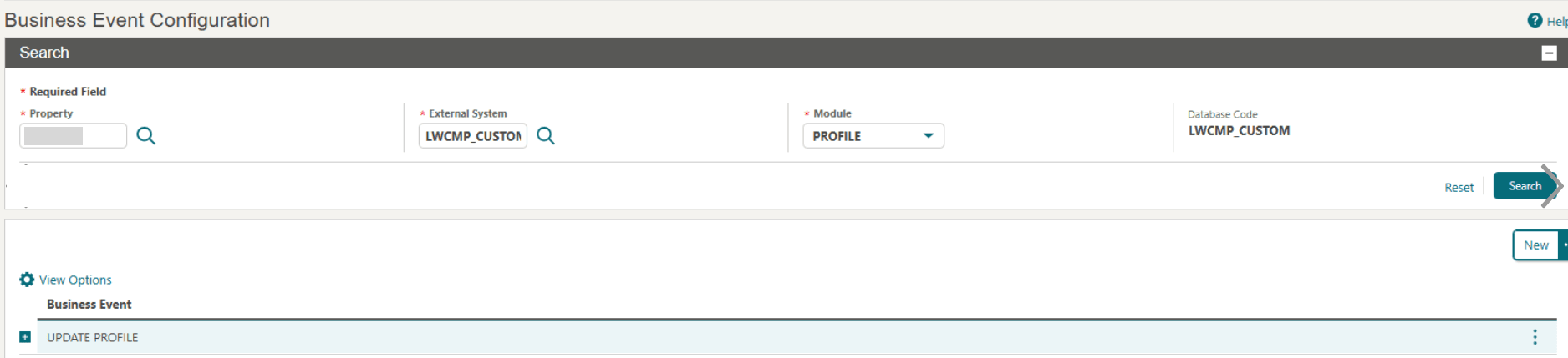 This image shows the Business Events Configuration Search screen. This image shows the Business Events Configuration Search screen.