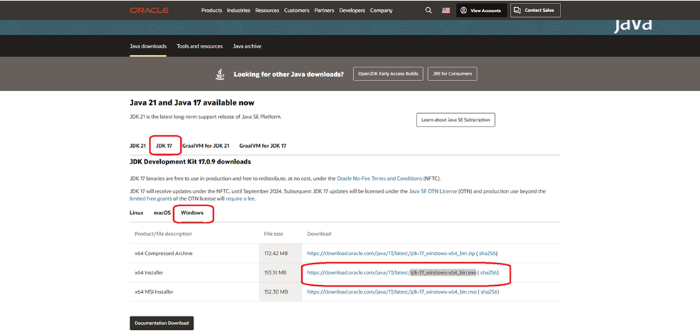 This image shows the JDK17 for Microsoft Windows download page.