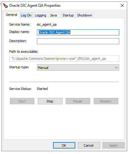 This image shows the Oracle OIC Agent QA Properties screen.