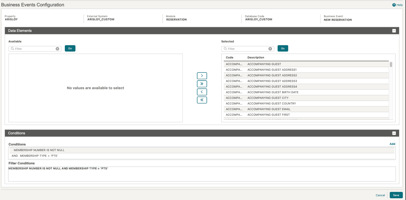 This image shows the Business Events Configuration screen for business event Reservation This image shows the Business Events Configuration screen for business event Reservation