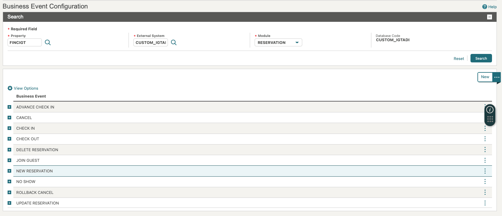 This image shows the Business Events Configuration screen with the list of business events for the Reservation module. This image shows the Business Events Configuration screen with the list of business events for the Reservation module.