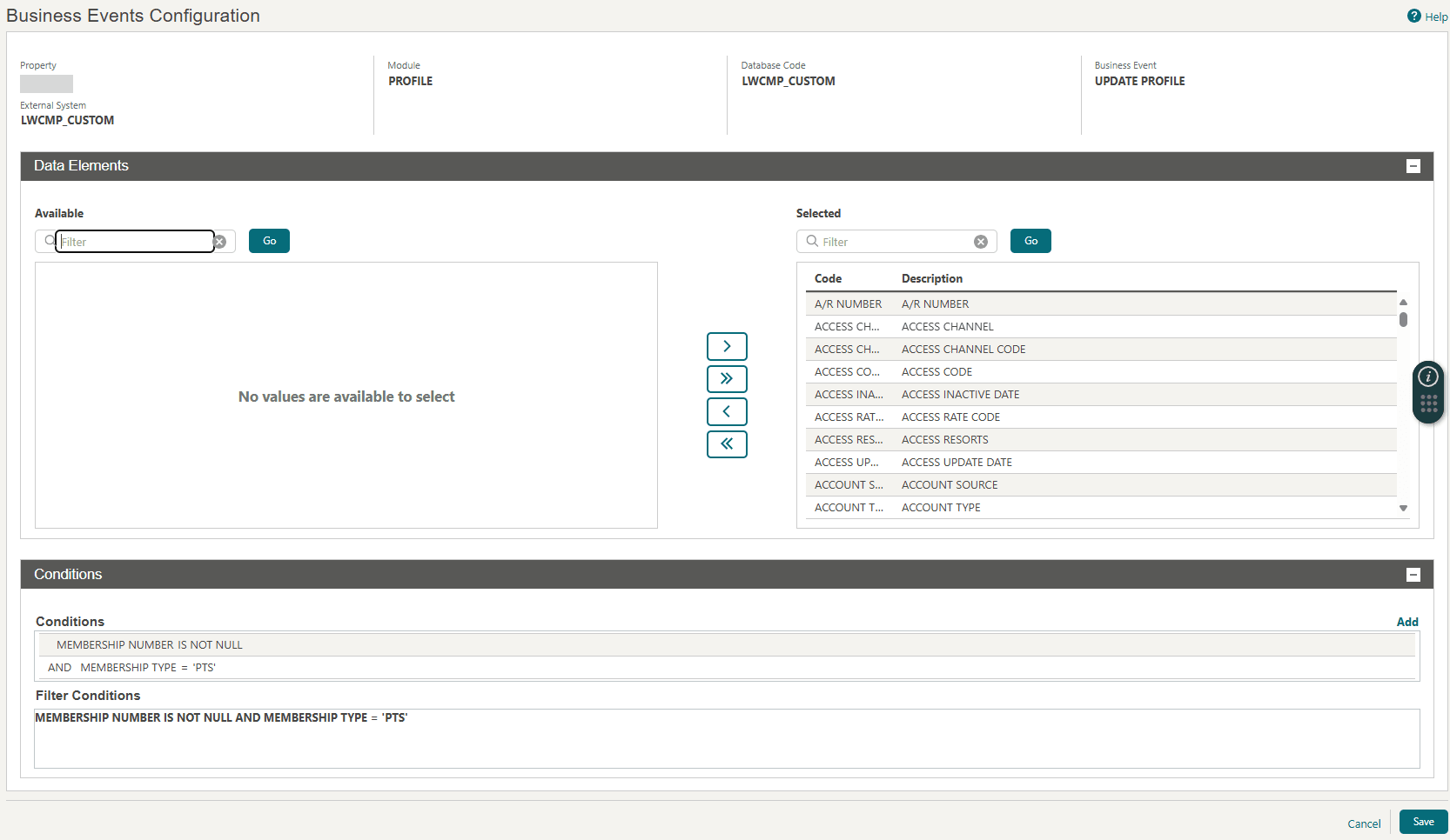 This image shows the Business Events Configuration screen for business event UPDATE PROFILE. This image shows the Business Events Configuration screen for business event UPDATE PROFILE.