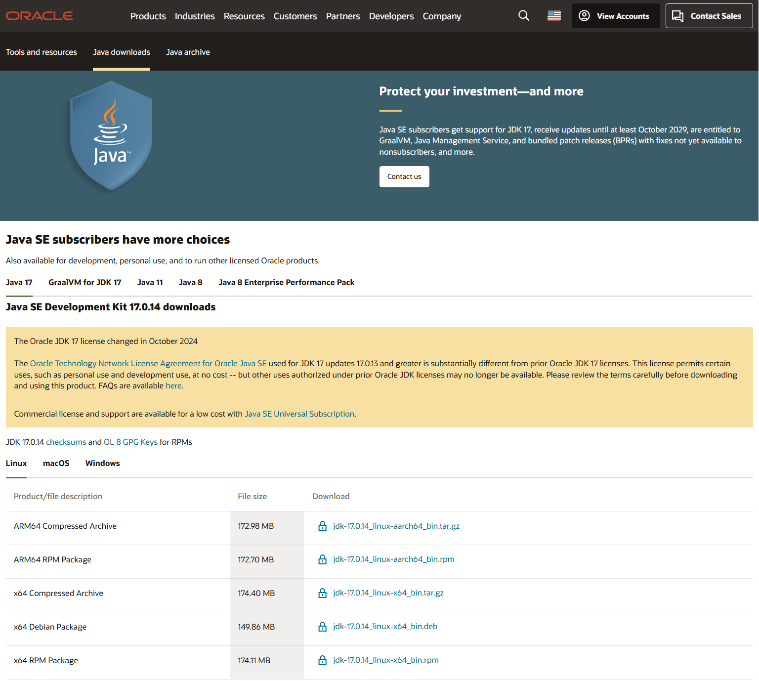 This image shows the download page for the JDK17 for Linux.