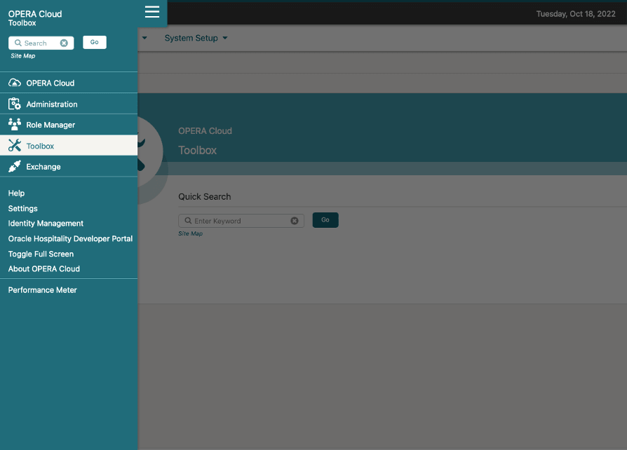 This image shows the OPERA Cloud Toolbox menu. This image shows the OPERA Cloud Toolbox menu.