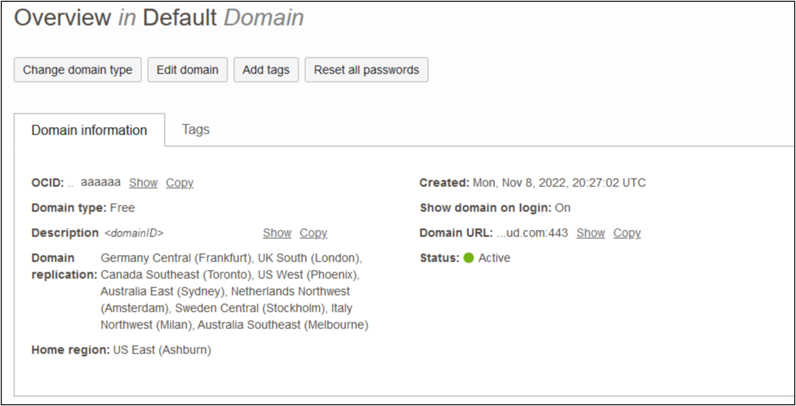This image shows Overview in Default Domain screen