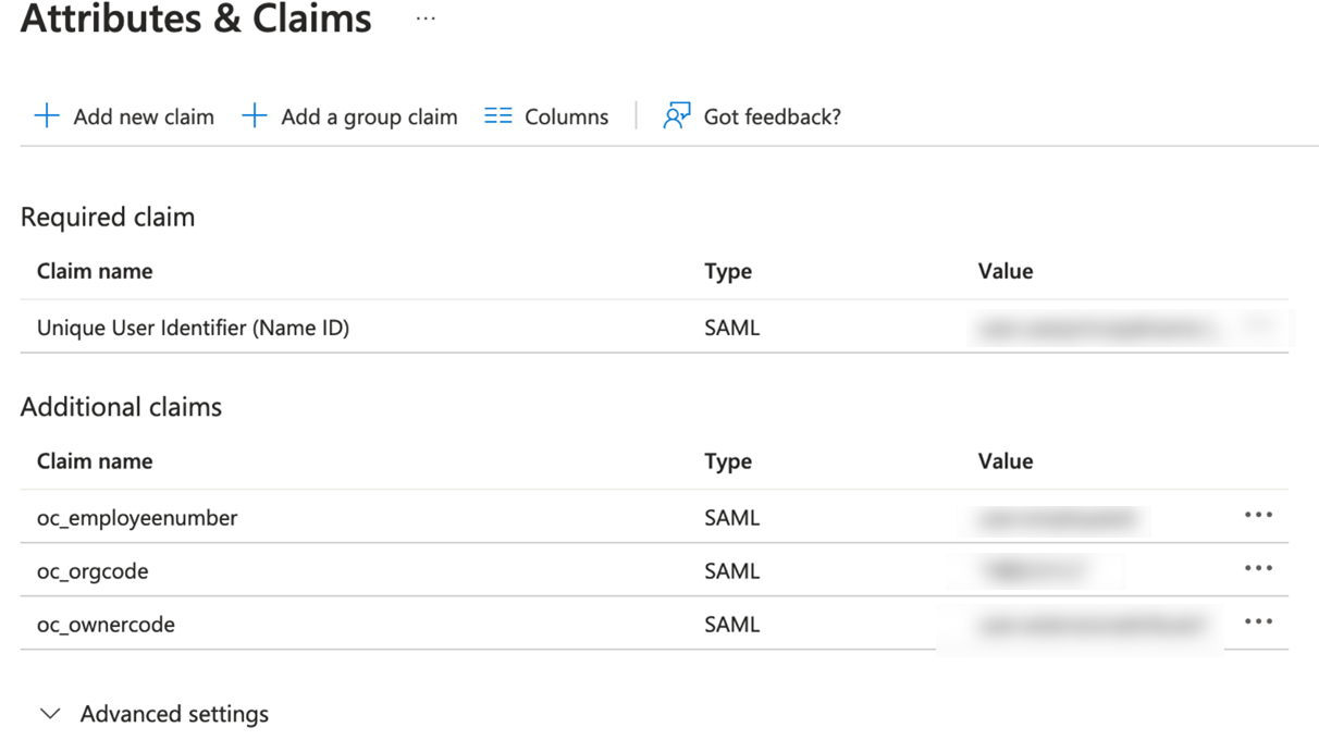 This image shows the Attributes & Claims screen. This image shows the Attributes & Claims screen.