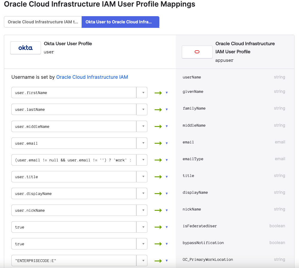 This image shows the Oracle Cloud Infrastructure IAM User Profile Mappings screen.