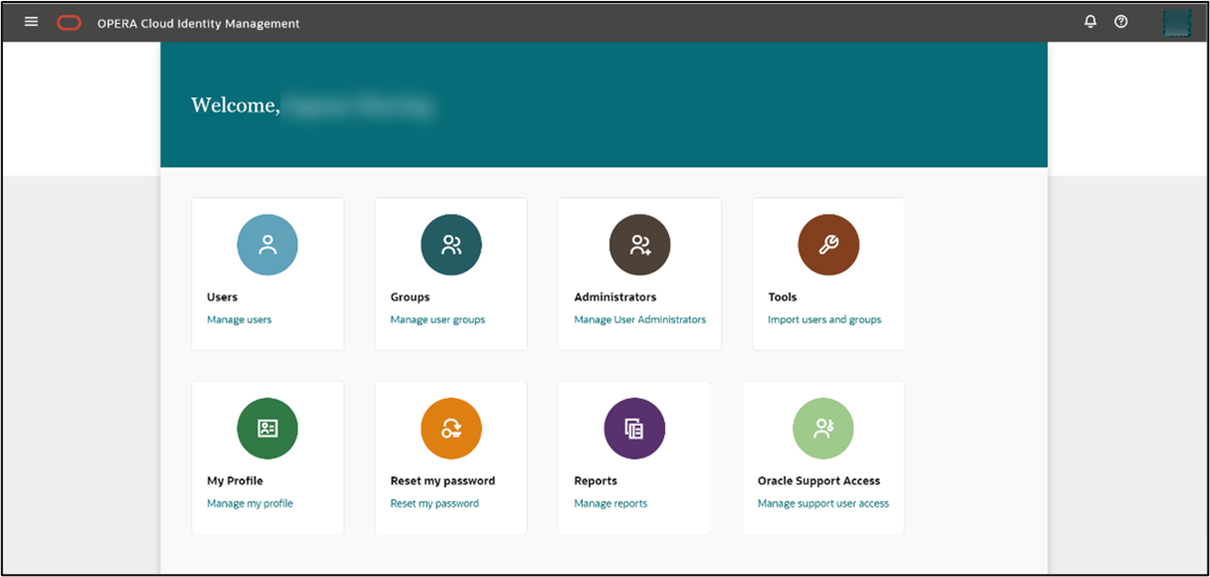 This image shows OPERA Cloud Identity Management welcome screen This image shows OPERA Cloud Identity Management welcome screen