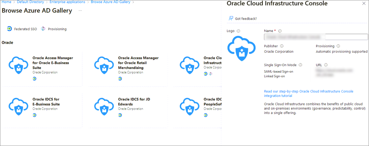 This image shows Azure AD Gallery for Oracle Cloud Infrastructure Console