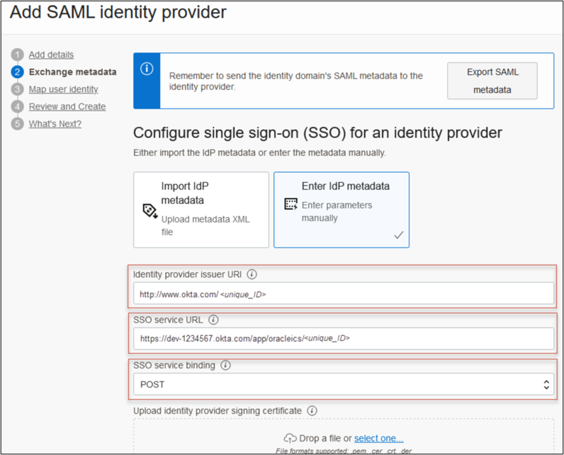 This image shows Add SAML identity provider screen