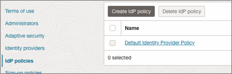 This image shows Default Identity Provider Policy screen