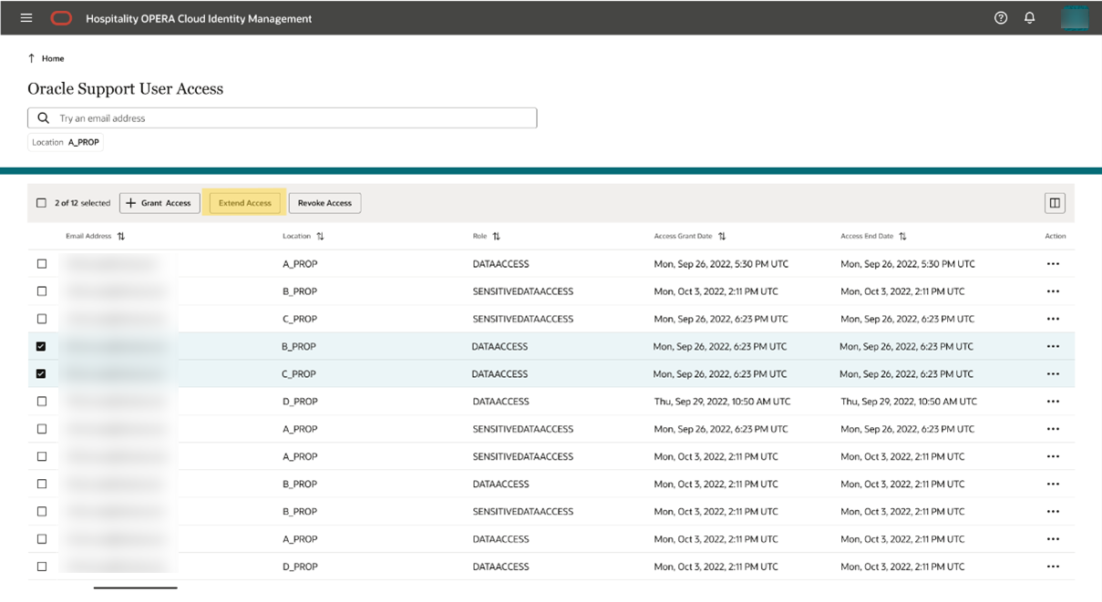 This image shows Oracle Support User Access - Extend Access Multiple Users screen