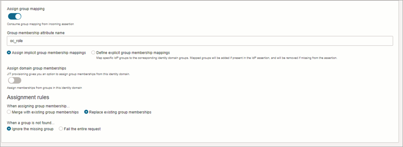 This image shows the options you need to apply. The Assign group mapping, Assign implicit group membership mappings, Replace existing group memberships, and Ignore the missing group options must all be selected.