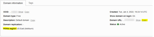 This image shows the domain URL to copy the OCI IAM Identity domain URL.