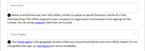 This image shows the name of your organization and home region.