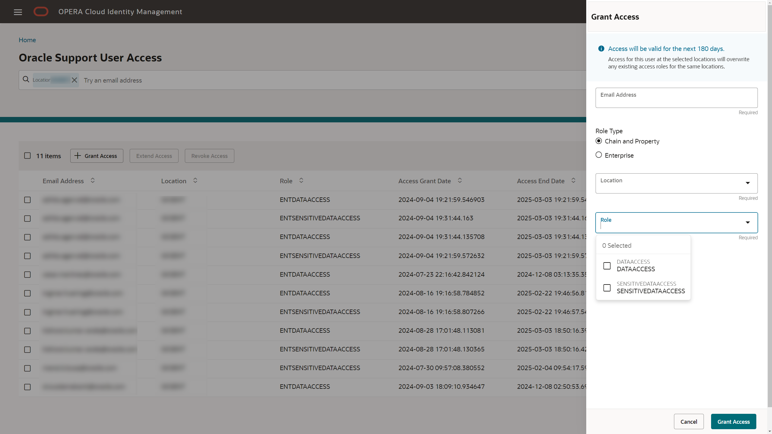 This image shows Oracle Support User Access - Grant Access screen