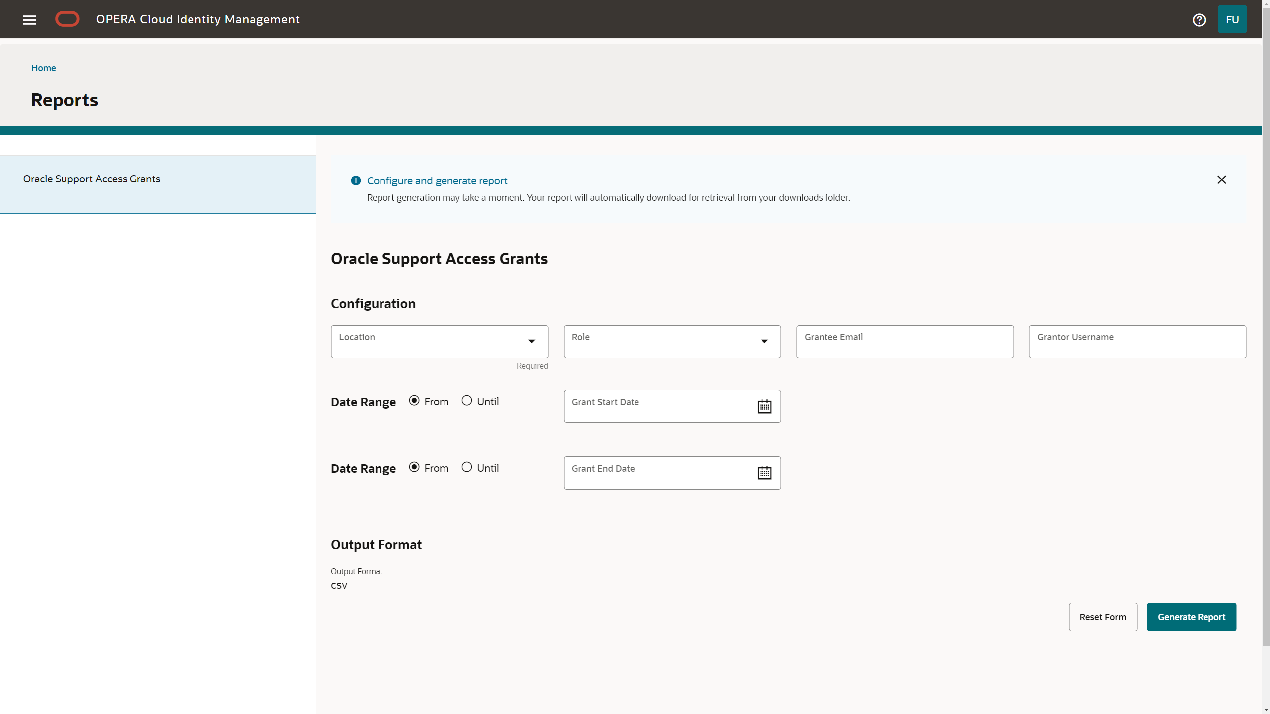 This image shows the Reports Page – Report filter criteria.
