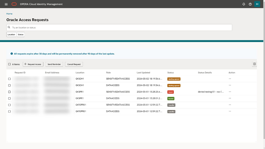 This image shows the Oracle Access Requests screen.