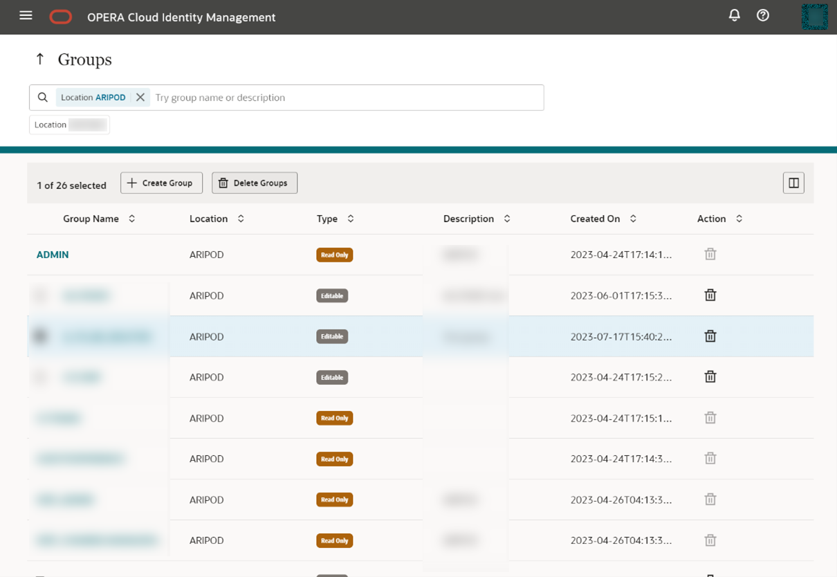 This image shows the user groups with the Delete Groups button.
