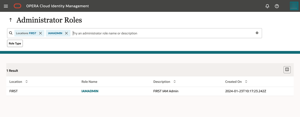 This image shows the Administrator Roles Search page.