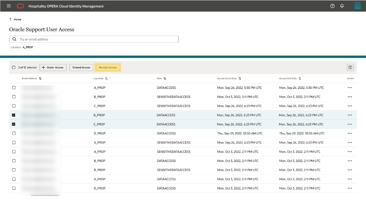 This image shows Oracle support user access - Revoke access multiple users