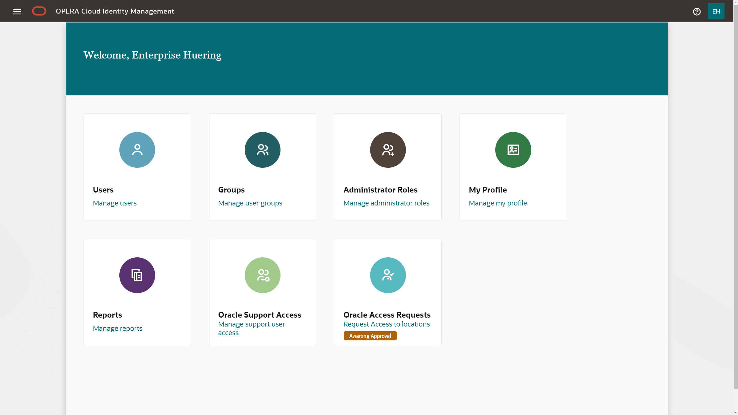 This image shows OPERA Cloud Identity Management welcome screen This image shows OPERA Cloud Identity Management welcome screen