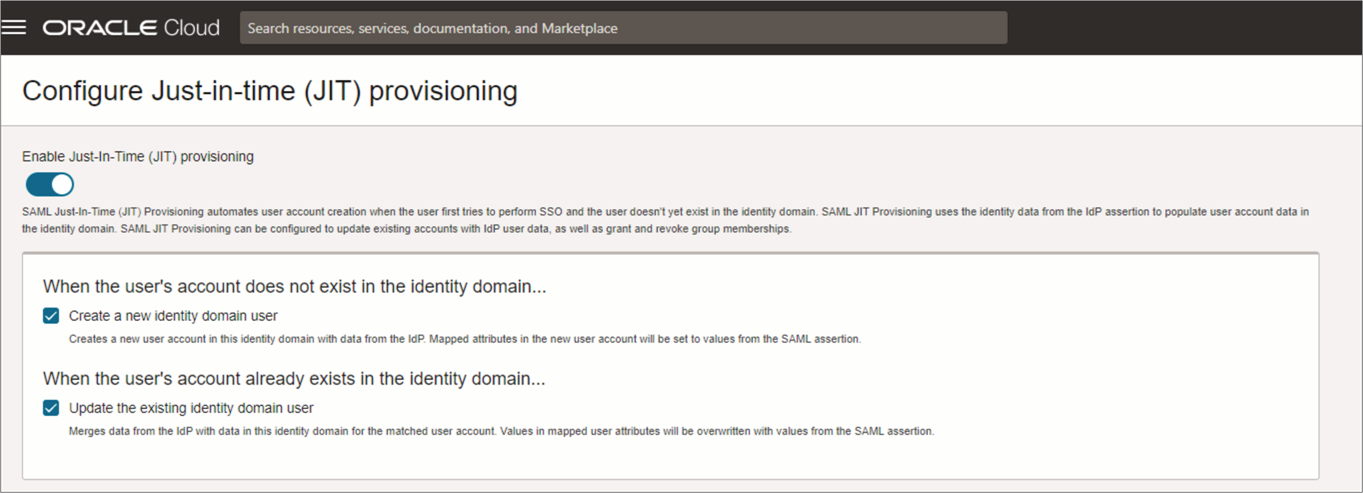 This image shows the Configure JIT provisioning page options.