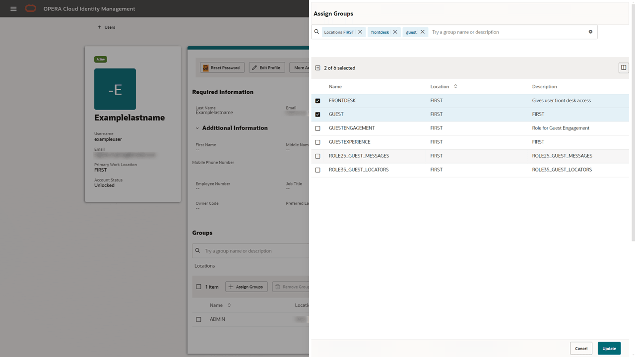 This image shows the Assign Groups screen with the Update button.