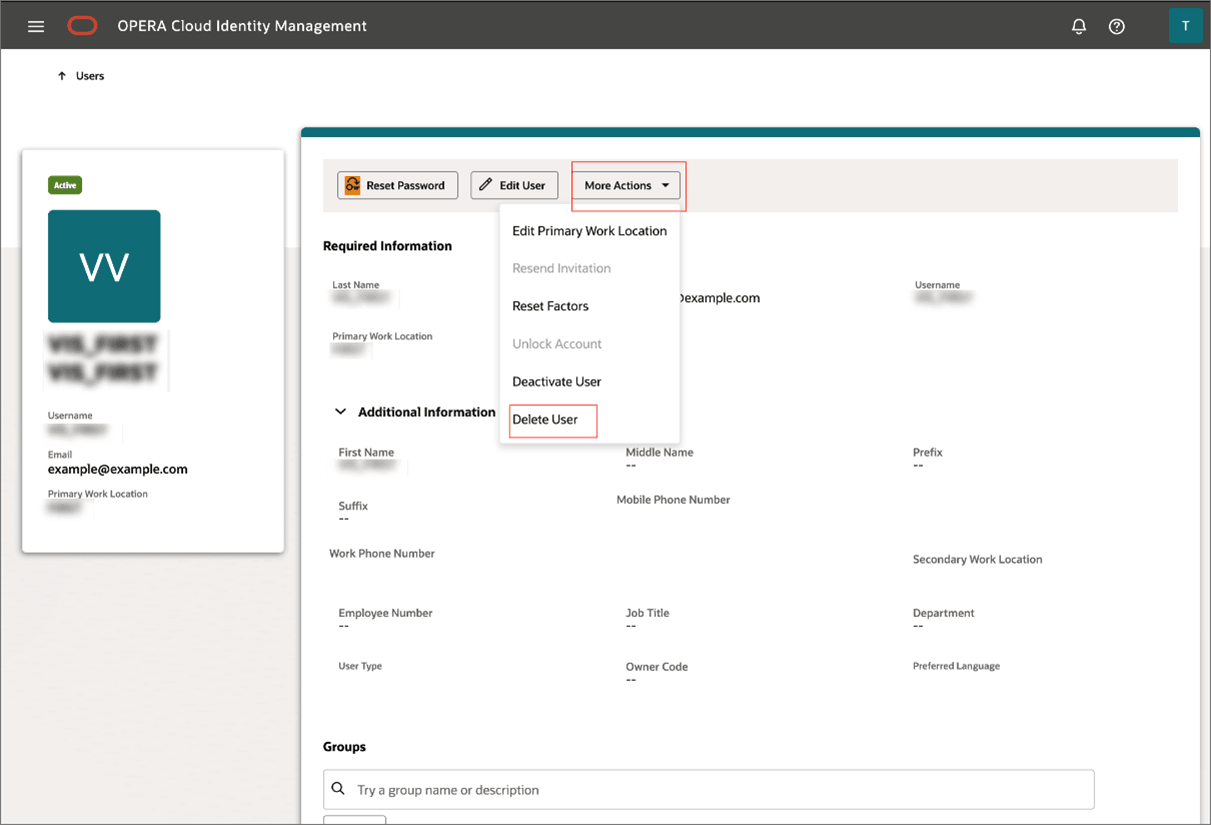 This image shows the Delete User action.