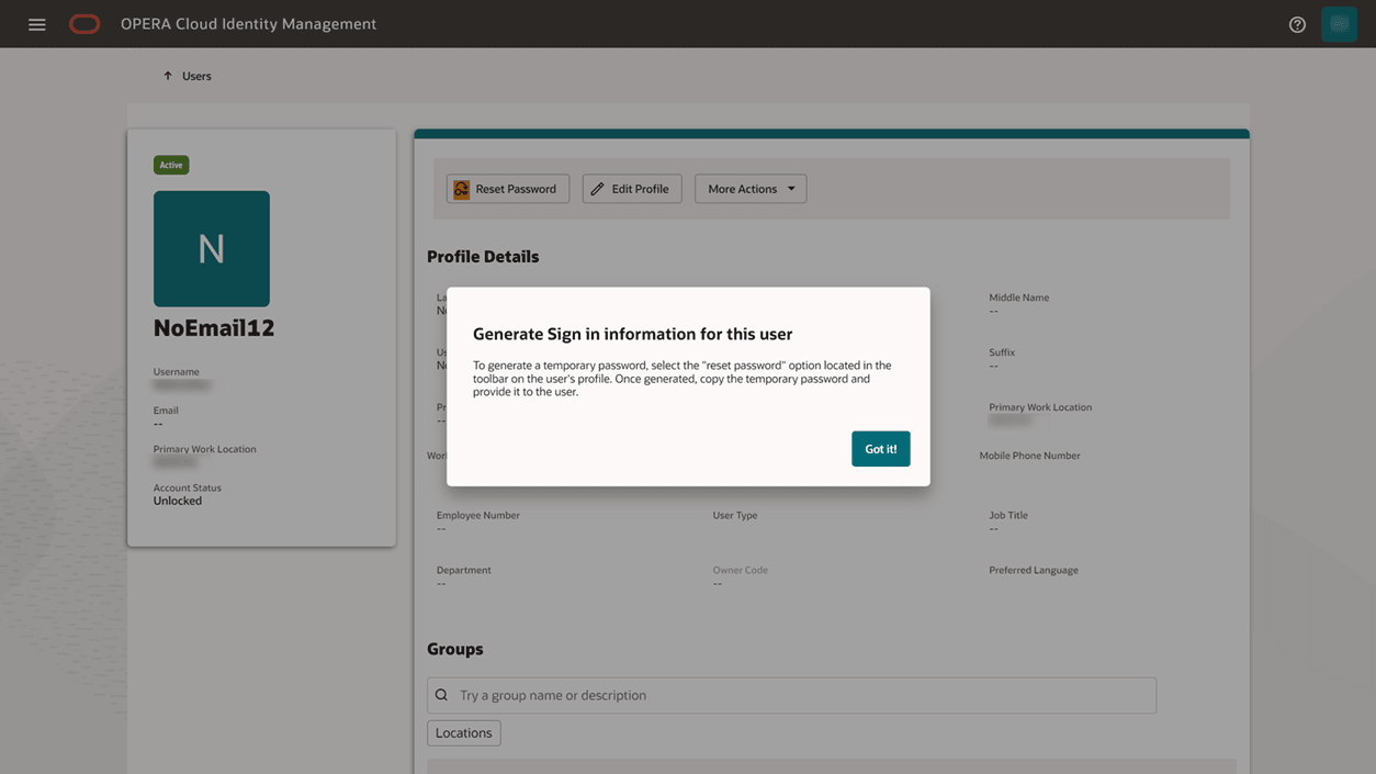 This image shows the ‘Generate Sign in information for this user’ screen with instructions for generating a temporary password for the user.