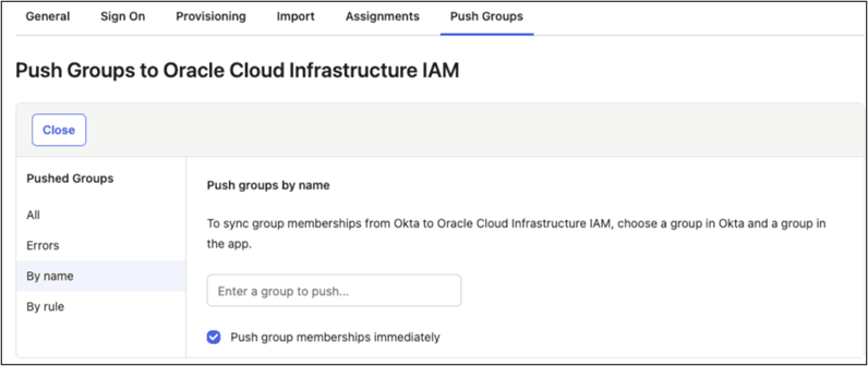 This image shows Push Groups to Oracle Cloud Infrastructure IAM screen This image shows Push Groups to Oracle Cloud Infrastructure IAM screen