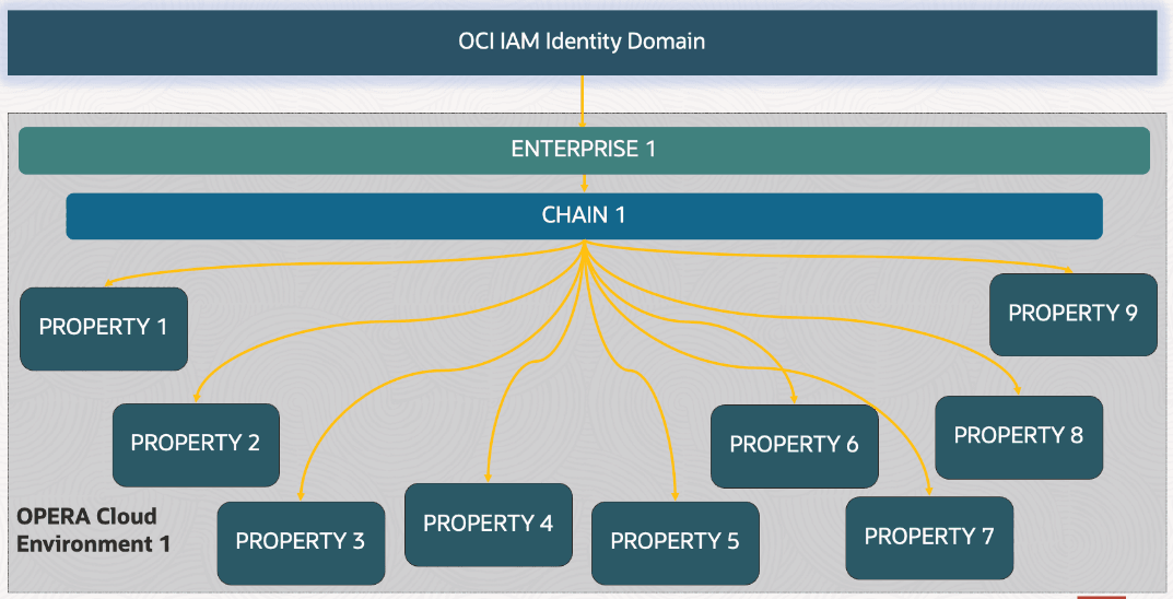 This diagram shows an enterprise consisting of a single chain with multiple properties in a single environment.